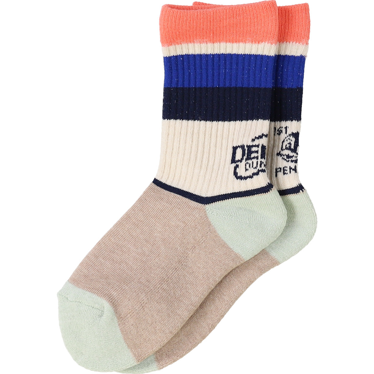 The Pennie Socks from Denim Dungaree. Colorful sock with multiple stripes on a white background.