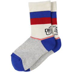 The Pennie Socks from Denim Dungaree. Color-block crew socks with blue, red, and gray sections on a white background.