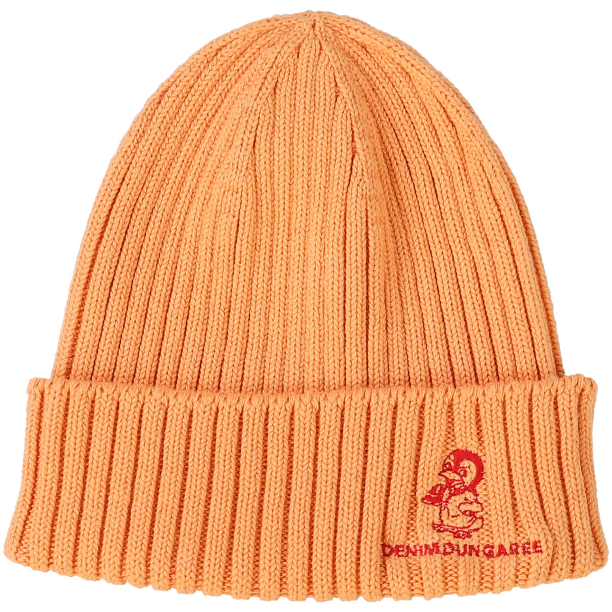 The Pennie Knit Cap from Denim Dungaree with the brand logo and embroidered character on the folded part.