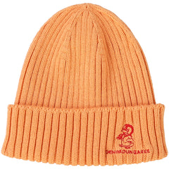 The Pennie Knit Cap from Denim Dungaree with the brand logo and embroidered character on the folded part.