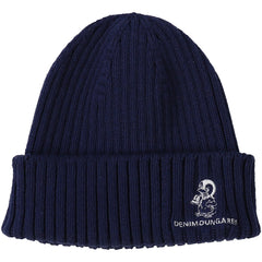 The Pennie Knit Cap from Denim Dungaree with the brand logo and embroidered character on the folded part.