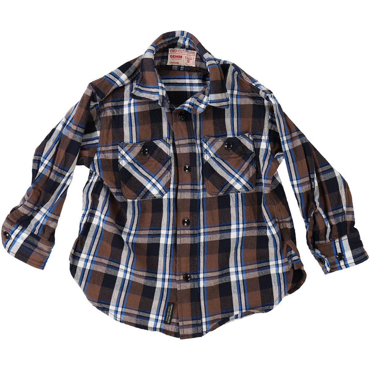 The Uneven Plaid Shirt from Denim Dungaree. Brown and navy plaid flannel shirt for kids.