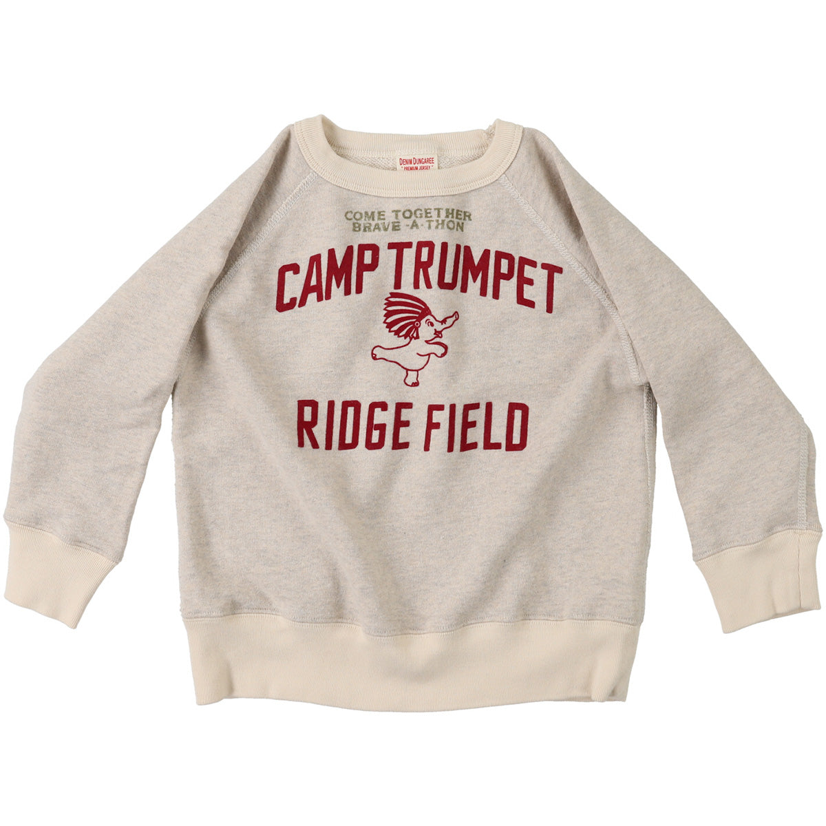 The Elephant Sweatshirt from Denim Dungaree. Off-white kids’ sweatshirt with red text print and elephant graphic.