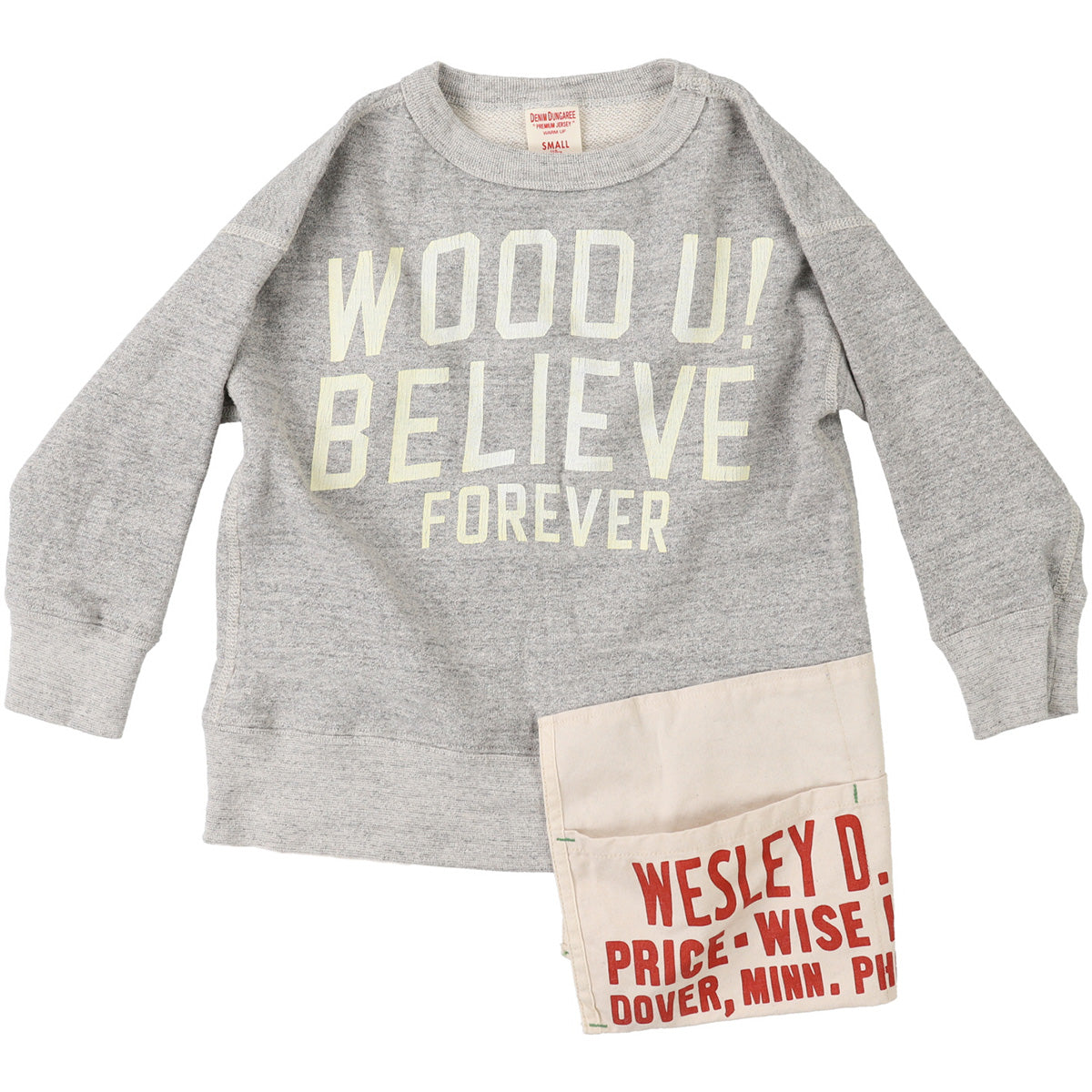 Apron Sweatshirt from Denim Dungaree with “WOOD U! BELIEVE FOREVER” print and patch detail at the hem. 