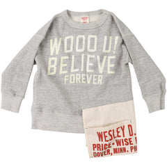 Apron Sweatshirt from Denim Dungaree with “WOOD U! BELIEVE FOREVER” print and patch detail at the hem. 