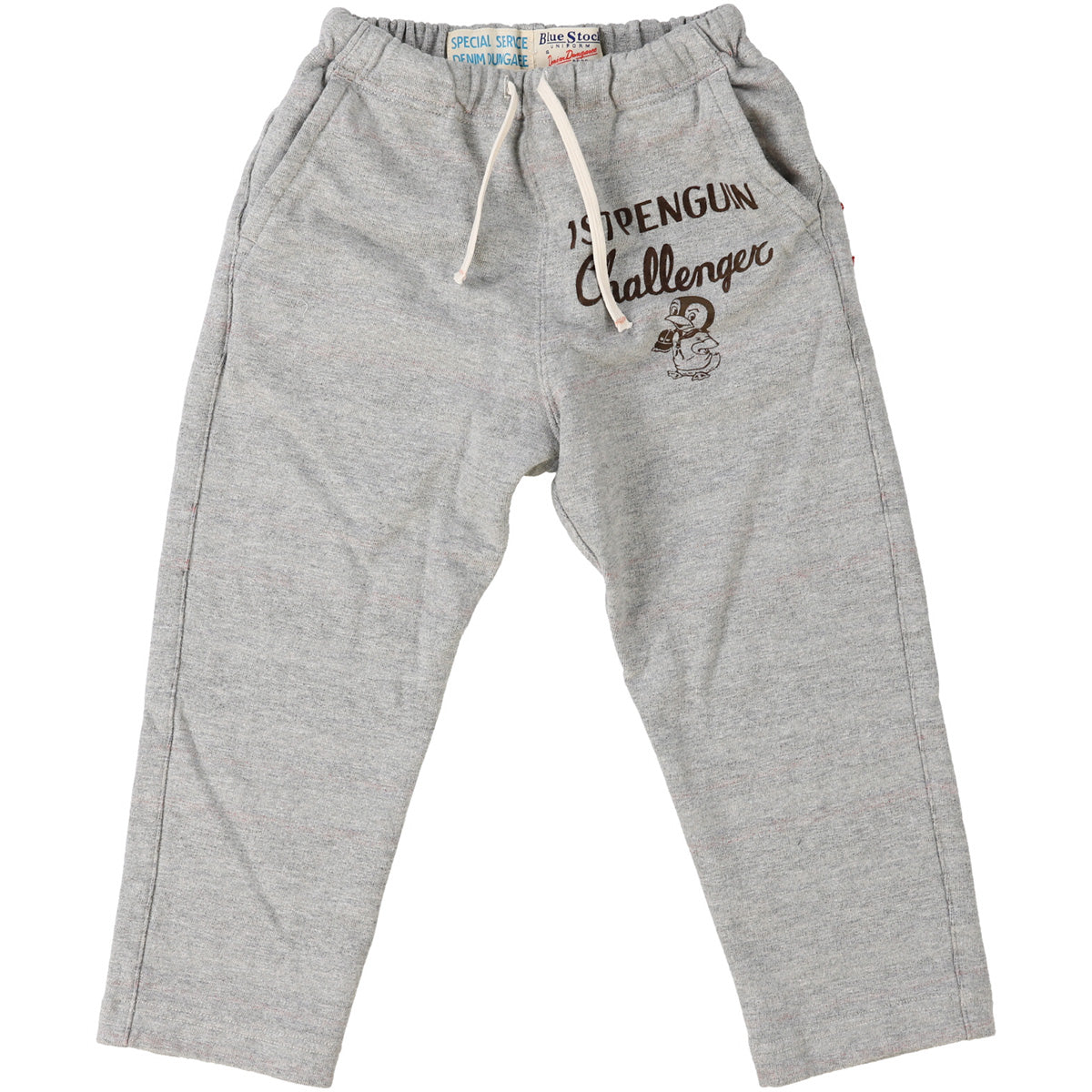 The Inlay Striped Pennie Pants from Denim Dungaree with text print, penguin graphic, and drawstring waist.