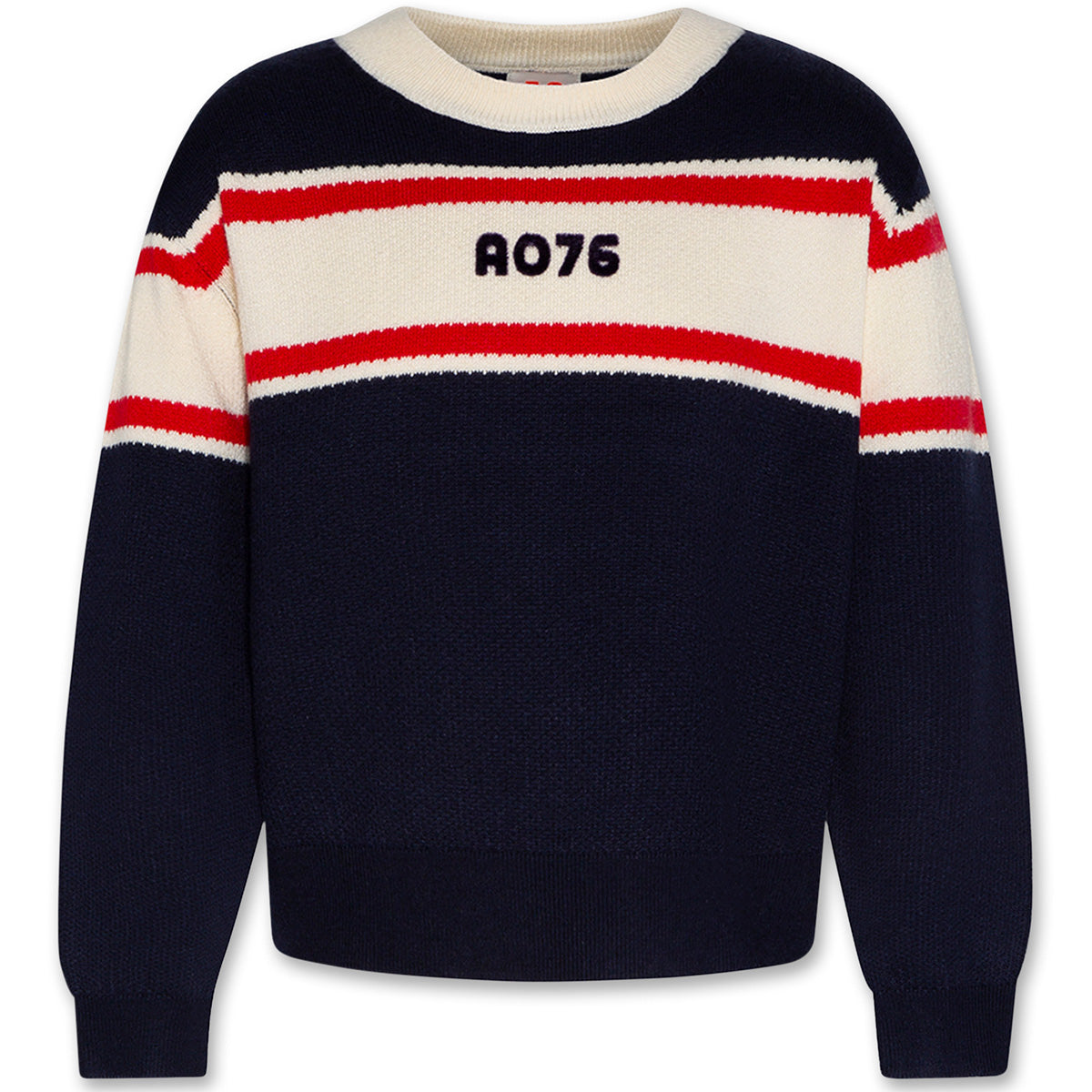 The Elly C-Neck Ao Ol by AO76 navy knit sweater with ivory and red stripes and embroidered AO76 logo.
