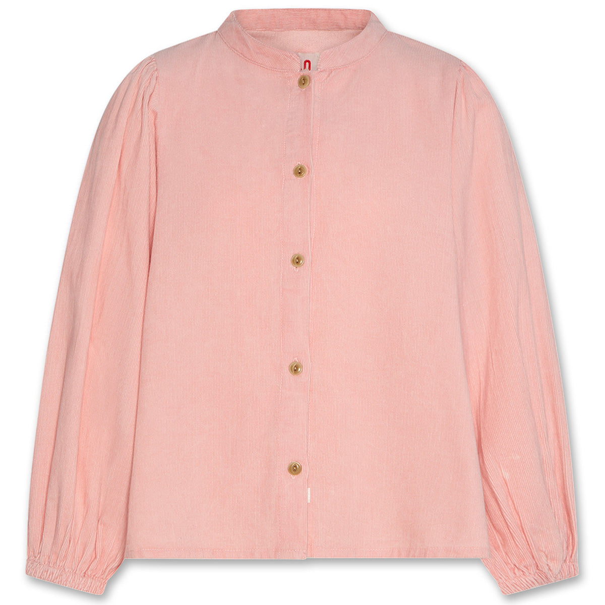 The Goffin Shirt Brel by AO76 blush pink corduroy shirt with a band collar, button front, gathered shoulders, and long sleeves.