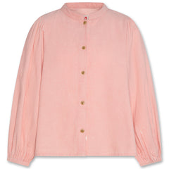 The Goffin Shirt Brel by AO76 blush pink corduroy shirt with a band collar, button front, gathered shoulders, and long sleeves.