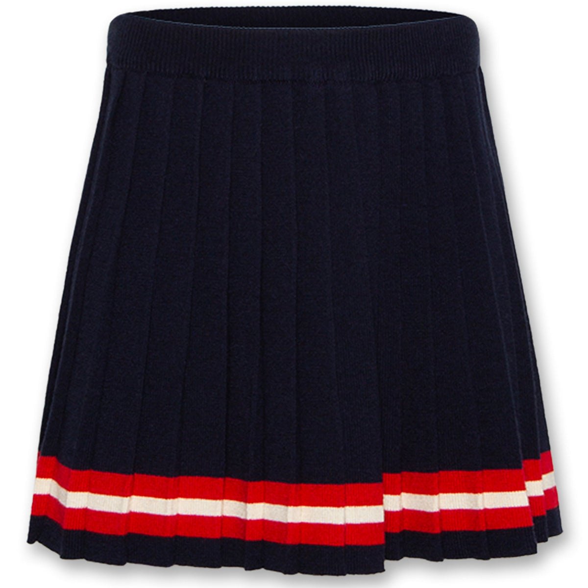 The Julie Skirt OL by AO76 navy pleated knit skirt with red and ivory striped hem detail.