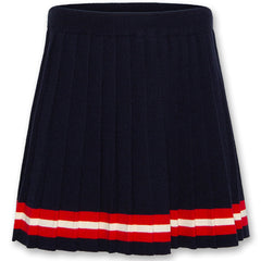 The Julie Skirt OL by AO76 navy pleated knit skirt with red and ivory striped hem detail.