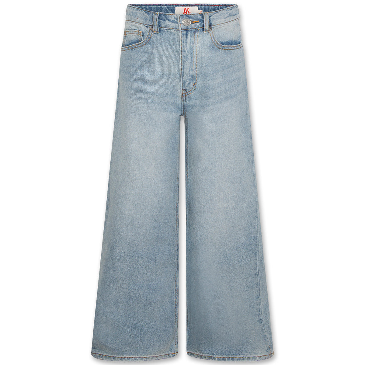 The Zina Pants Light Coopers by AO76 in light wash denim with a wide-leg fit and classic five-pocket design.