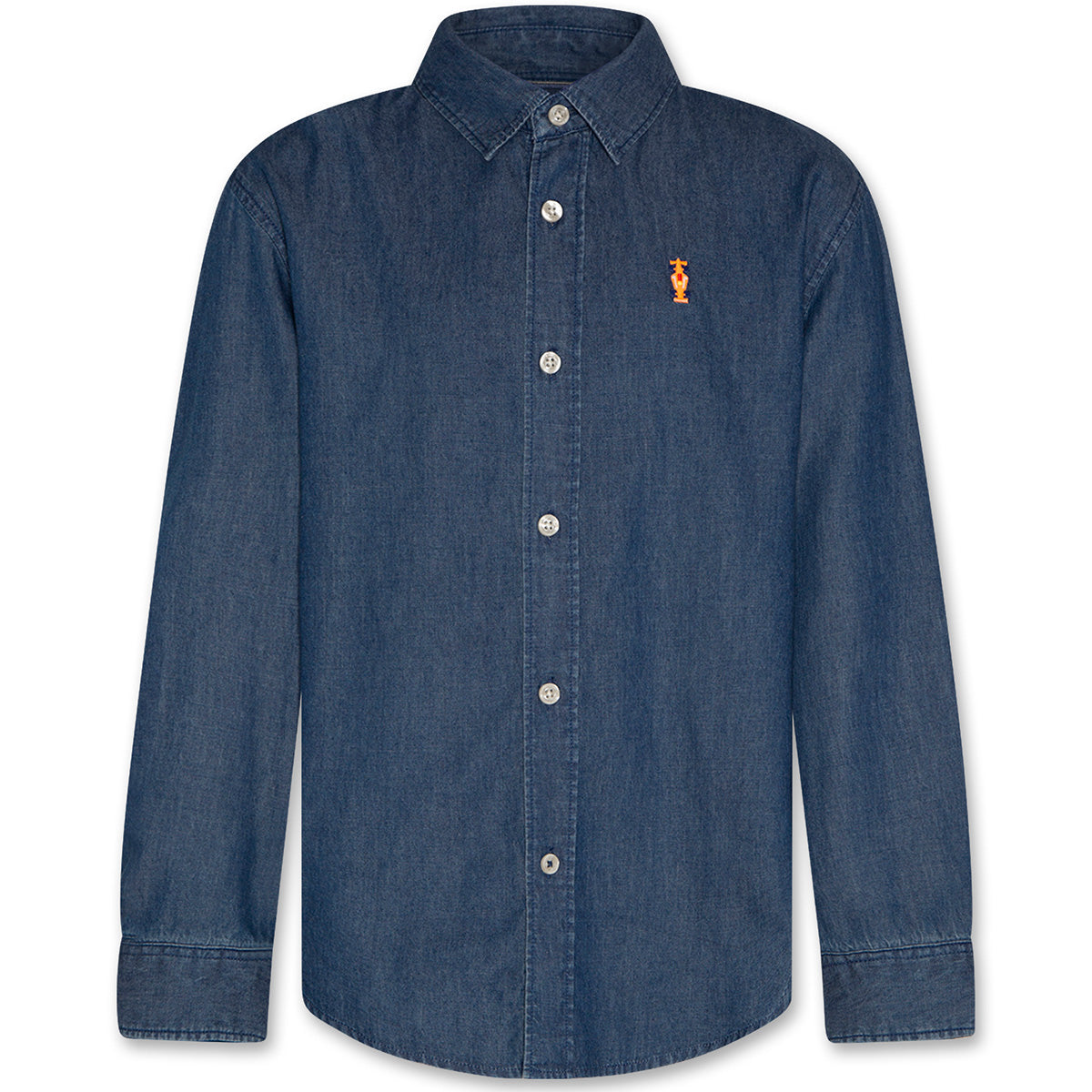 Alan Shirt Raf by AO76 denim button-up shirt for kids with embroidered logo and classic collar.