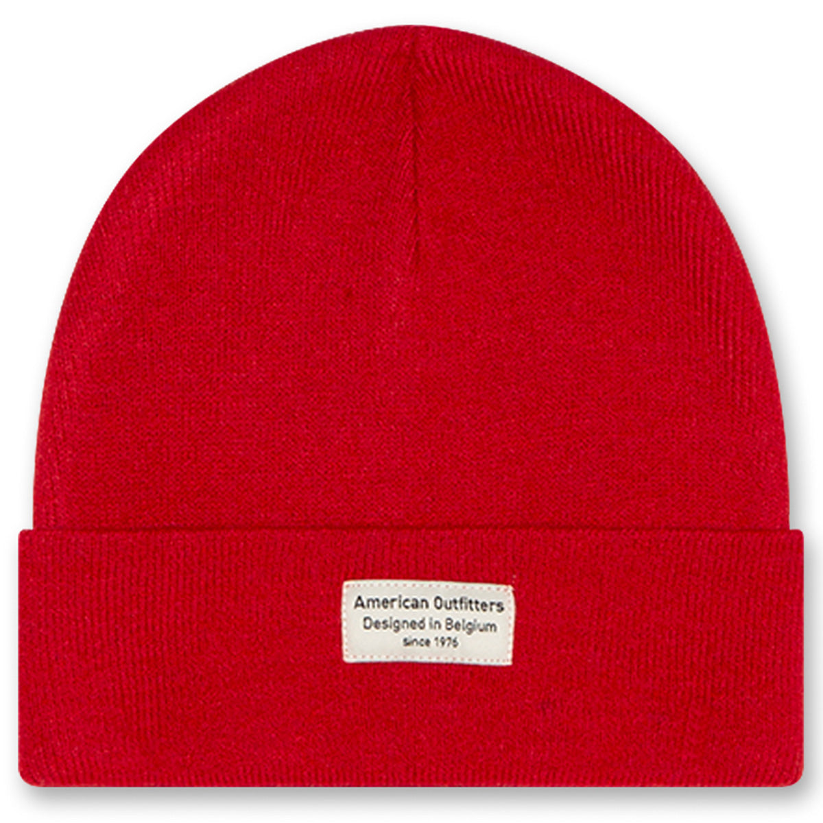 The Flups Beanie by AO76 bright red knit beanie with a folded cuff and woven logo patch.