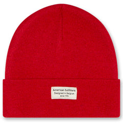 The Flups Beanie by AO76 bright red knit beanie with a folded cuff and woven logo patch.