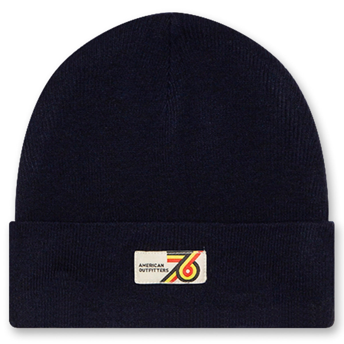 The Flups Beanie by AO76 deep navy knit beanie with a folded cuff and retro woven logo patch.