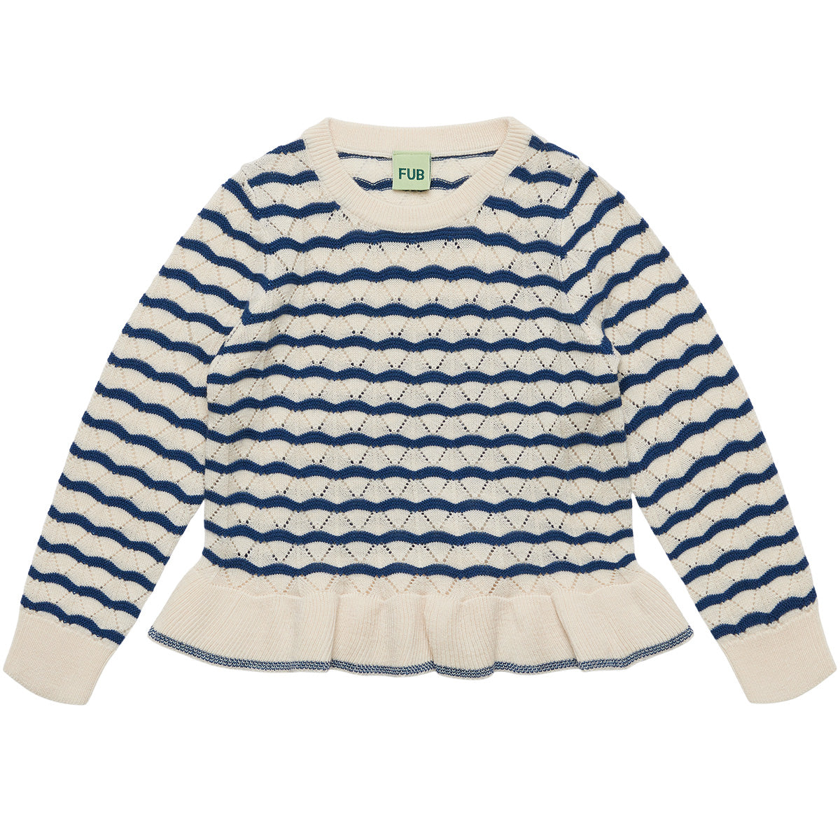 The Pointelle Tee from FUB featuring an openwork pointelle knit pattern, long sleeves, round neck, and wide frill hem.