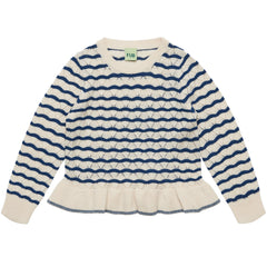 The Pointelle Tee from FUB featuring an openwork pointelle knit pattern, long sleeves, round neck, and wide frill hem.
