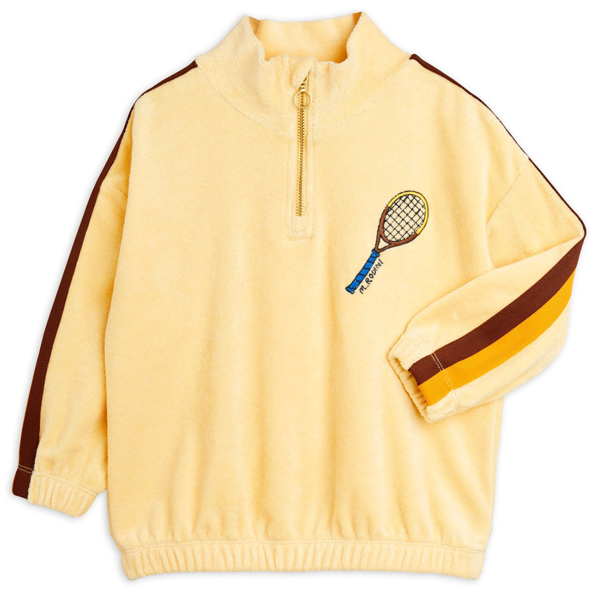 The Tennis Embroidered Half Zip Sweatshirt from Mini Rodini. Embroidered Tennis motif on the chest