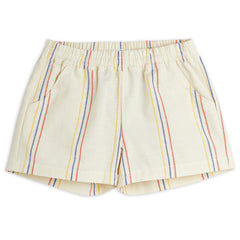 The  Stripe Woven Shorts from Mini Rodini. Shorts in a linen and cotton blend with elastic waist and pockets. Stripe print.