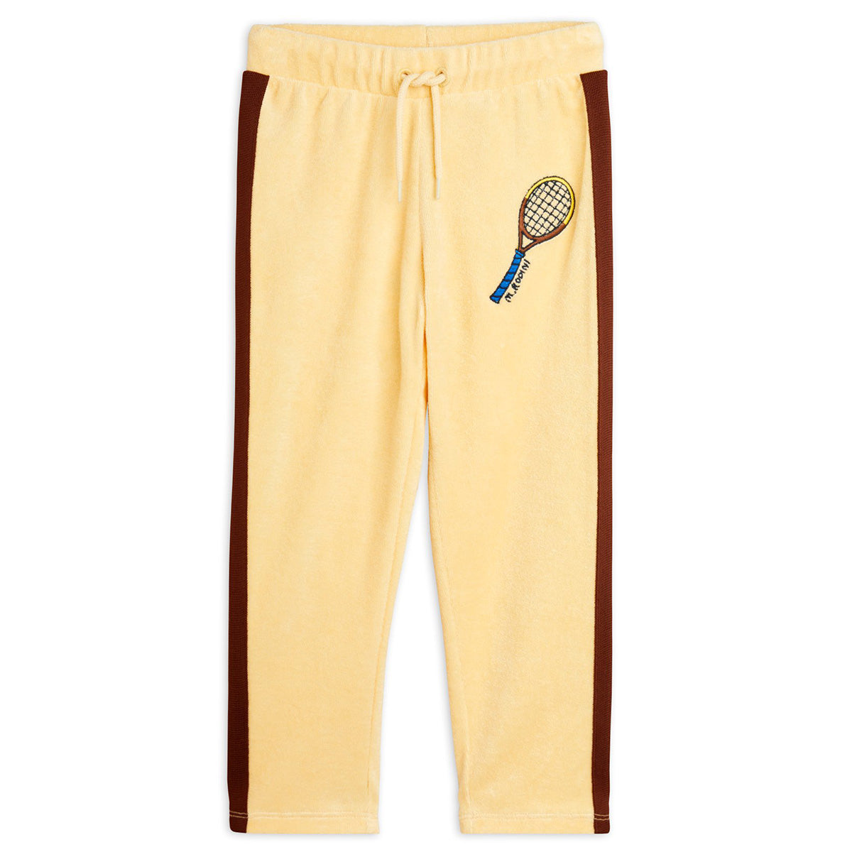 The Tennis Embroidered Pants from Mini Rodini. Embroidered Tennis motif, Stripe detailing along legs
