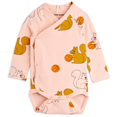 The Squirrels Wrap Bodysuit from Mini Rodini. Bodysuit for newborns with fold over closure.
