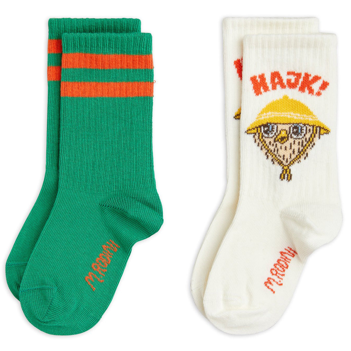 The Hike 2 Pack Socks from Mini Rodini.  Two-pack, Stripe and Hike artworks, M. Rodini print under each foot