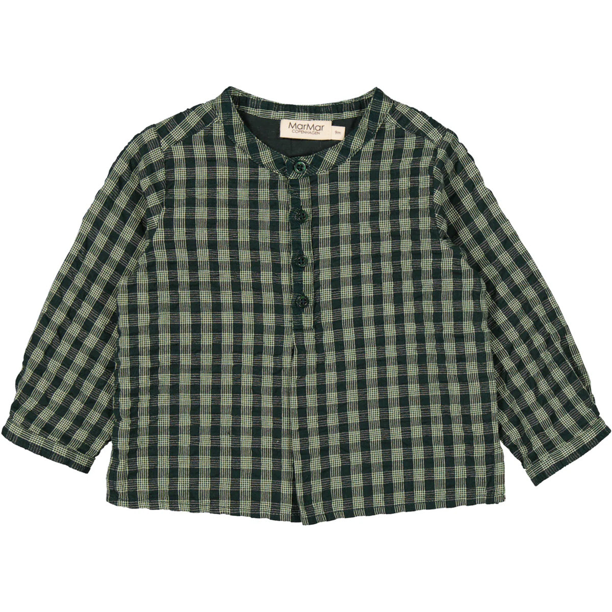 Totoro Mao Shirt by MarMar Copenhagen. Long-sleeved baby mao shirt in seersucker gingham with button closure at the front.
