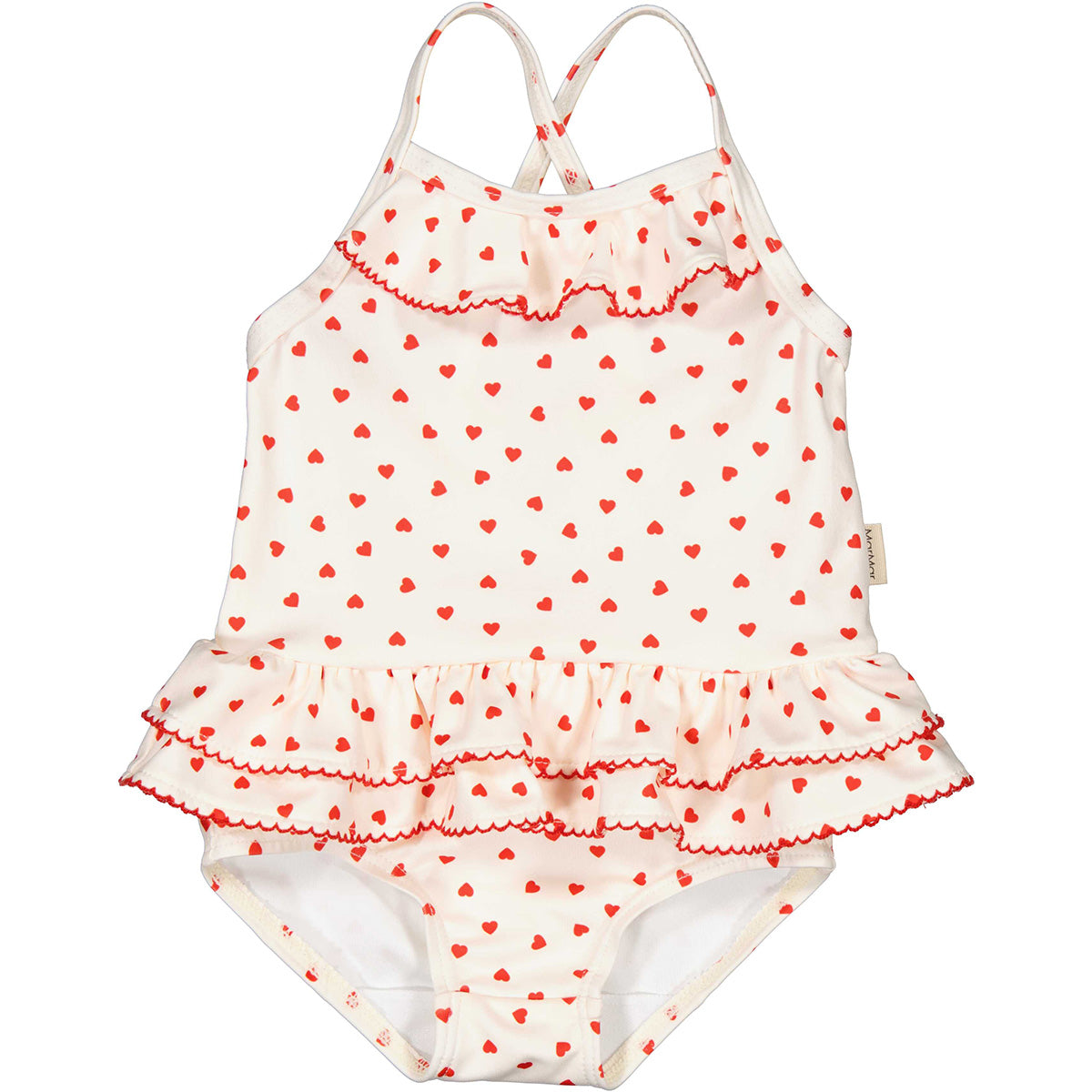 Swinnie Bathing Suit Swimsuit from MarMar Copenhagen. Swimsuit with fine ruffle details, heart print, picot edges.
