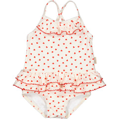 Swinnie Bathing Suit Swimsuit from MarMar Copenhagen. Swimsuit with fine ruffle details, heart print, picot edges.