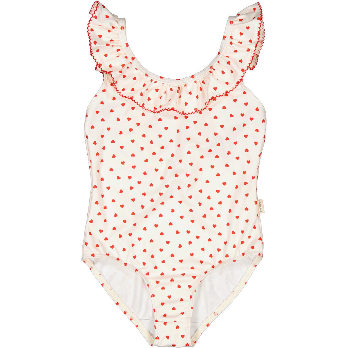 The Swilla Bathing Suit Swimsuit from MarMar Copenhagen. Swimsuit with fine ruffle details, heart print and picot edges.
