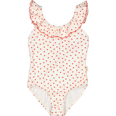 The Swilla Bathing Suit Swimsuit from MarMar Copenhagen. Swimsuit with fine ruffle details, heart print and picot edges.