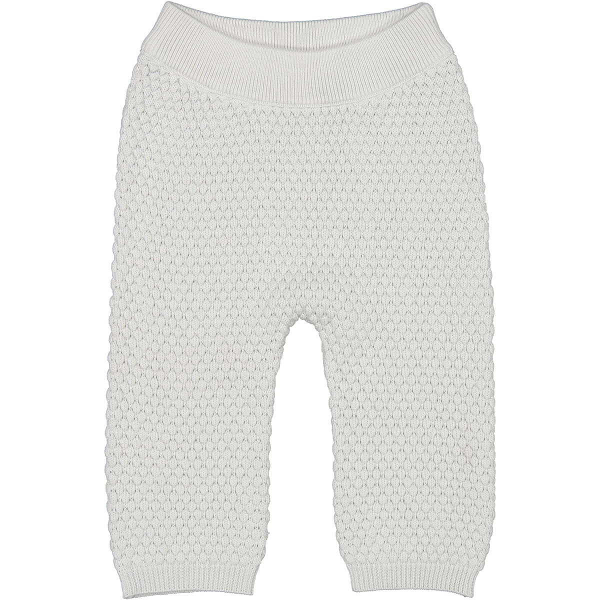 The Pira Pants from MarMar Copenhagen. Knitted pants for baby with elastic waist. The knitted pants have knit pattern details.