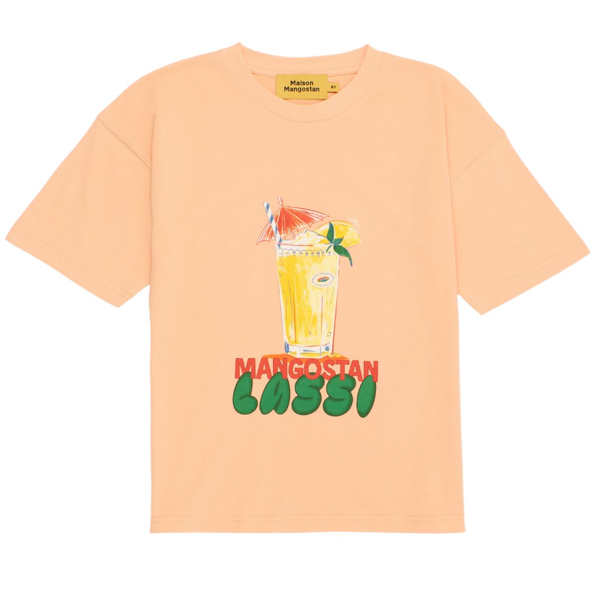 The Lassi Tee from Maison Mangostan is a relaxed-fit tee featuring a refreshing lassi-inspired print on the front.