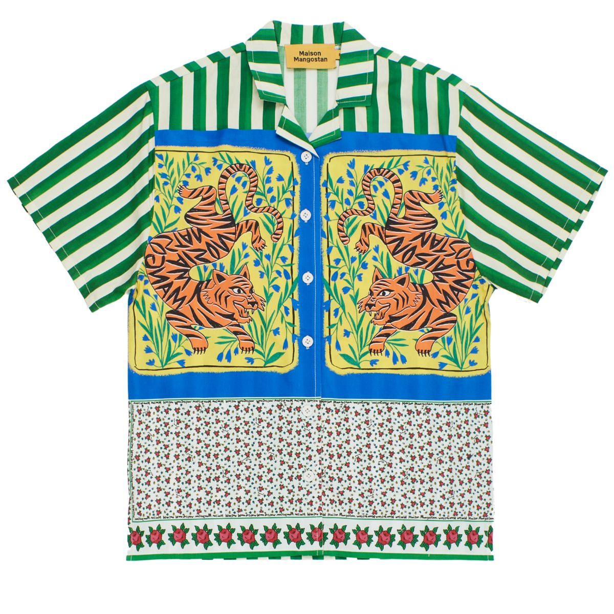 The Tiger Patchwork Shirt from Maison Mangostan in green, with an oversize fit, features a tiger patchwork print.