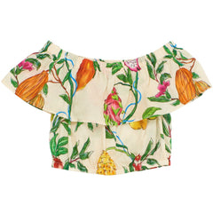The Passion Fruit Top from Maison Mangostan in white is a playful bardot-style top with a passion fruit all-over print.