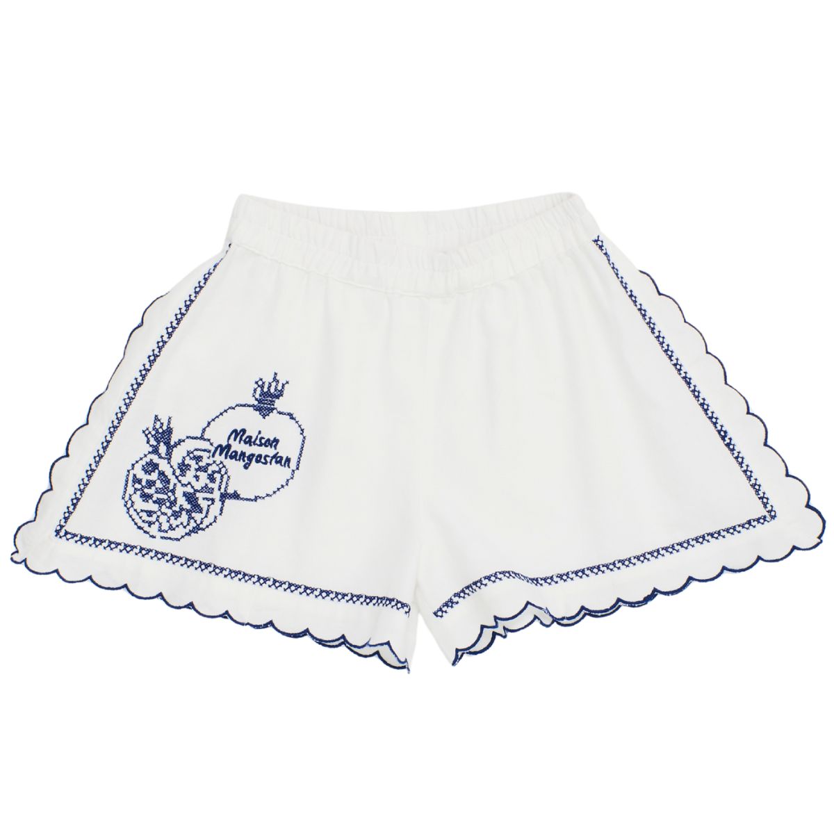 The Pommegranate Embroidery Short from Maison Mangostan. White shorts with blue scalloped embroidery.