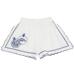 The Pommegranate Embroidery Short from Maison Mangostan. White shorts with blue scalloped embroidery.