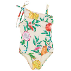 The Passion Fruit Swimsuit from Maison Mangostan is an elastic bathing suit with passion fruit all-over print.