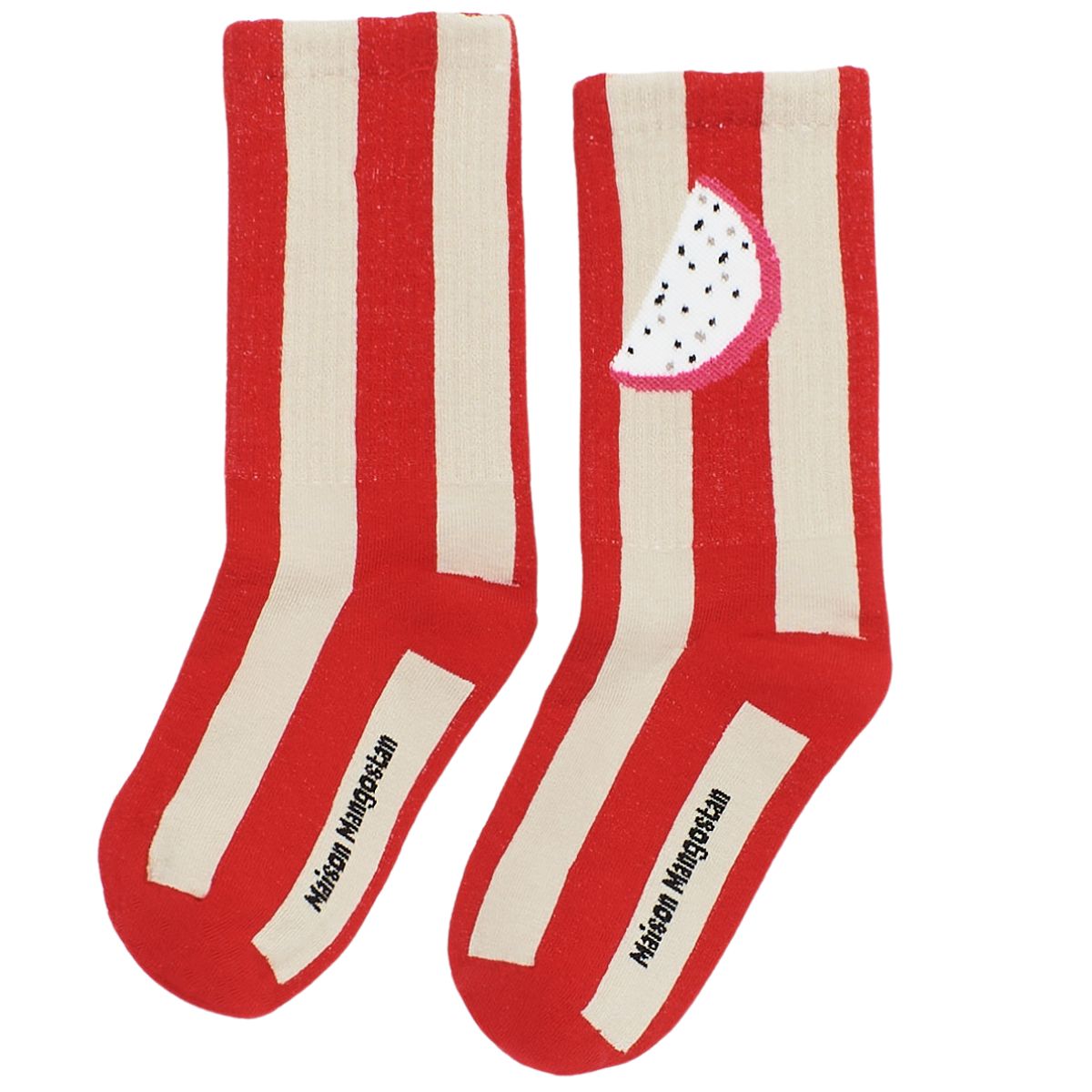 Watermelon Stripes Socks from Maison Mangostan. These red and white striped socks feature dragon fruit print