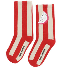 Watermelon Stripes Socks from Maison Mangostan. These red and white striped socks feature dragon fruit print