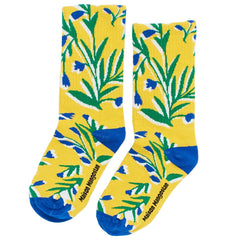 The Bengala Socks from Maison Mangostan. These fun socks feature our bengala all-over print in yellow, blue, green and white.