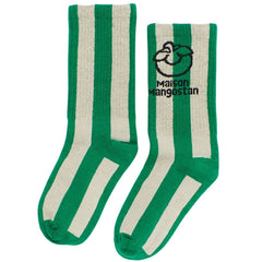 Stripes Mangostan Logo Socks by Maison Mangostan. These green and white striped socks feature an embroidered Mangostan logo.