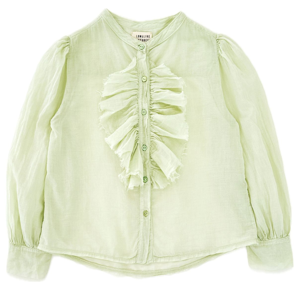 Volant Blouse from Long Live the Queen. This elegant long-sleeve blouse features a delicate ruffled front detail