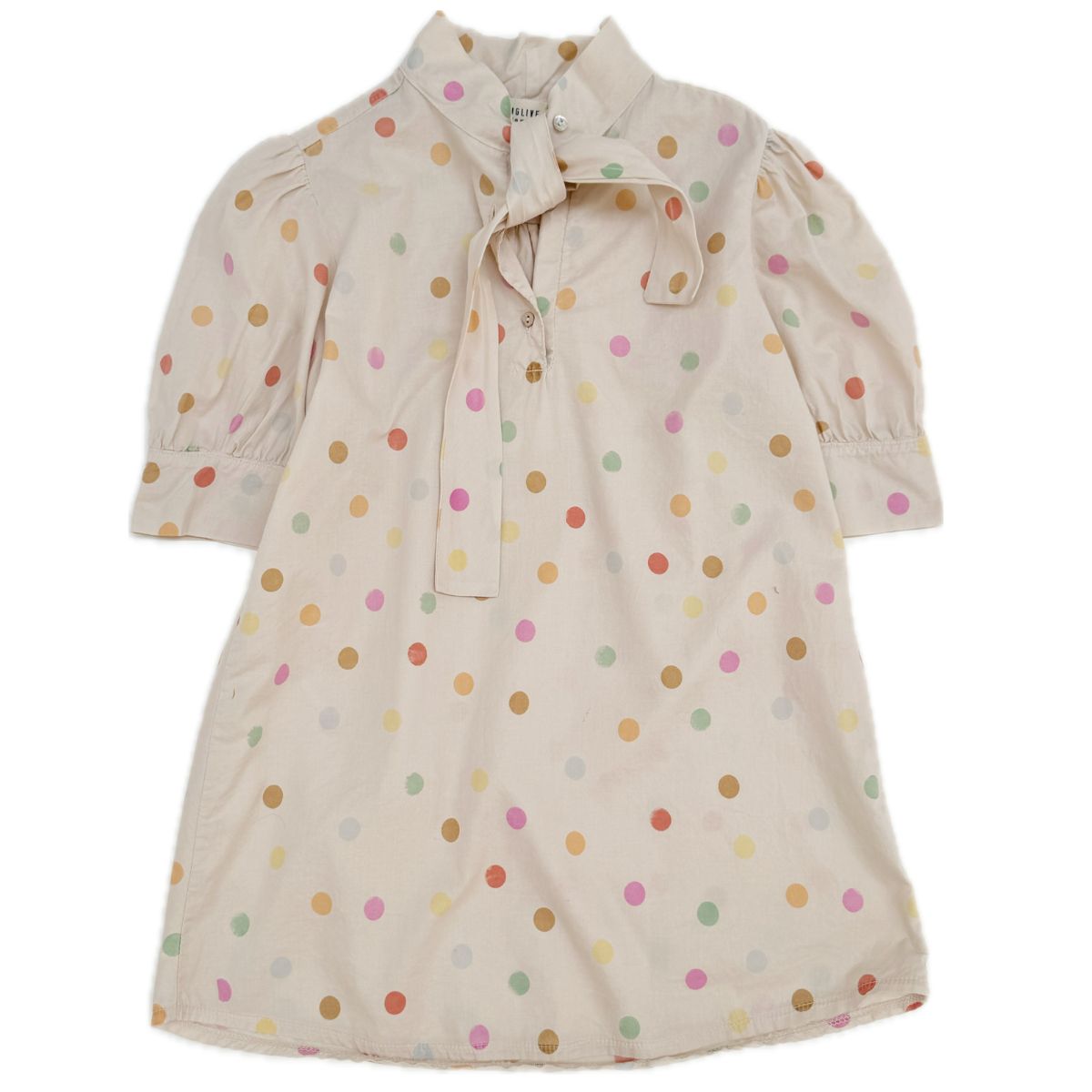 The Dress Bow from Long Live the Queen. This is a charming polka dot dress with a soft beige base and pastel-colored dots.
