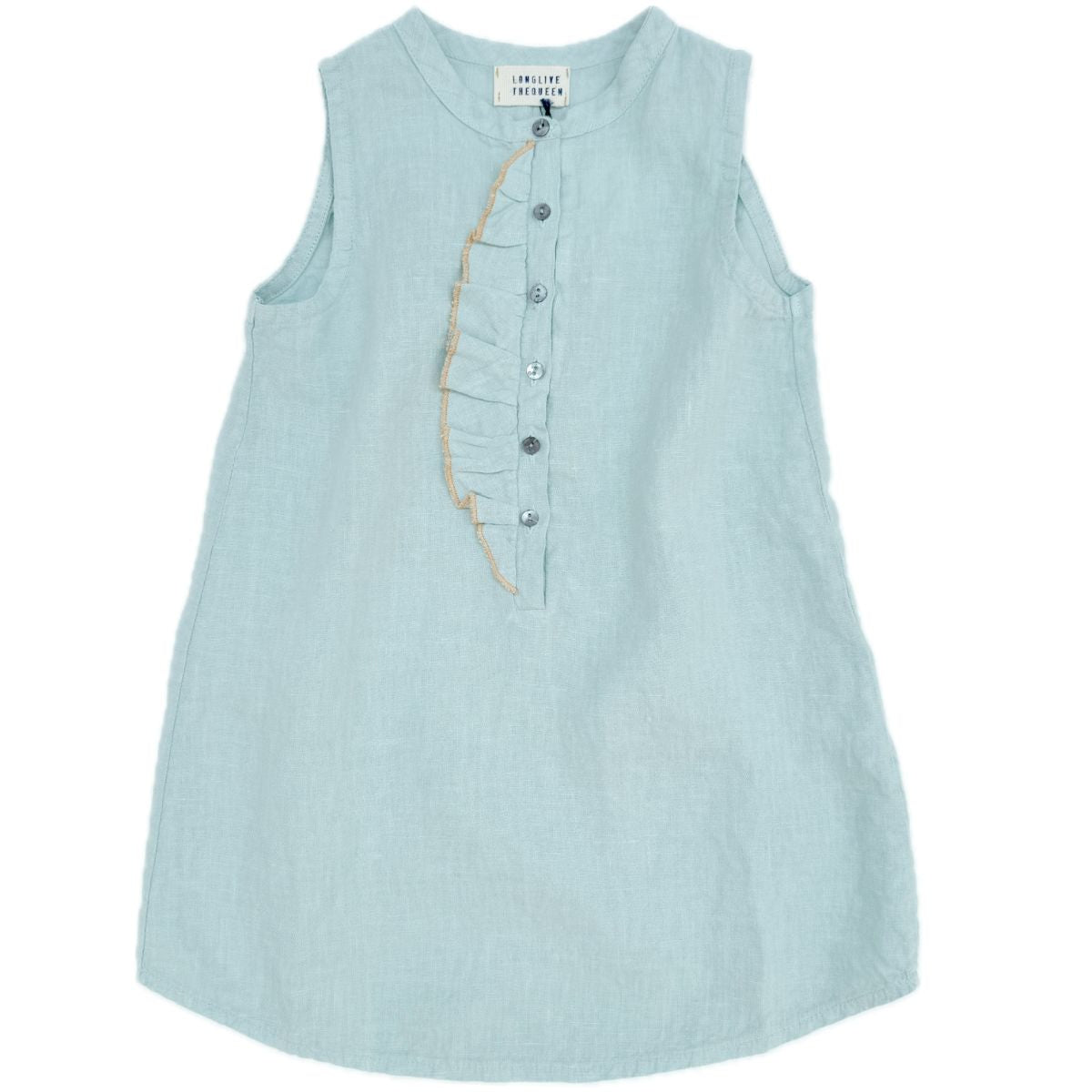 Ruffle Dress from Long Live the Queen. This sleeveless dress features a charming button-down front with ruffle detail