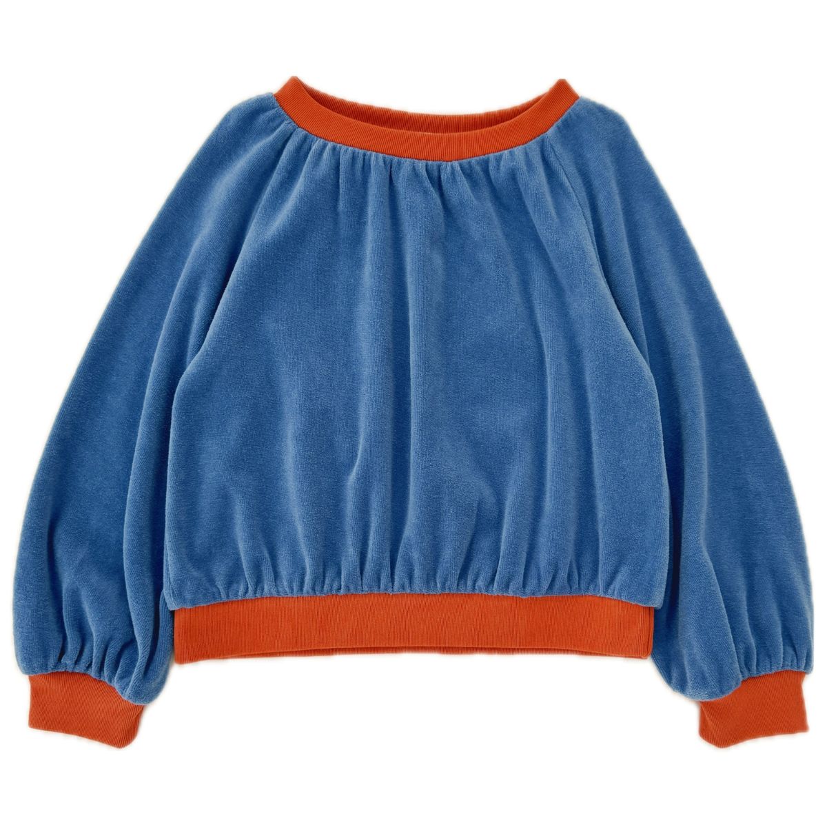 The Velvet Sweater from Long Live the Queen features a blue body with contrasting red ribbed cuffs and hem.