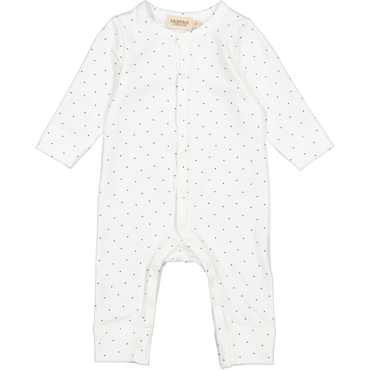 Rukana Jumpsuit by MarMar Copenhagen. A soft, long-sleeved baby onesie with a subtle polka dot pattern, snap buttons.