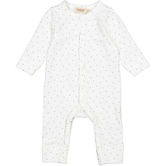 Rukana Jumpsuit by MarMar Copenhagen. A soft, long-sleeved baby onesie with a subtle polka dot pattern, snap buttons.