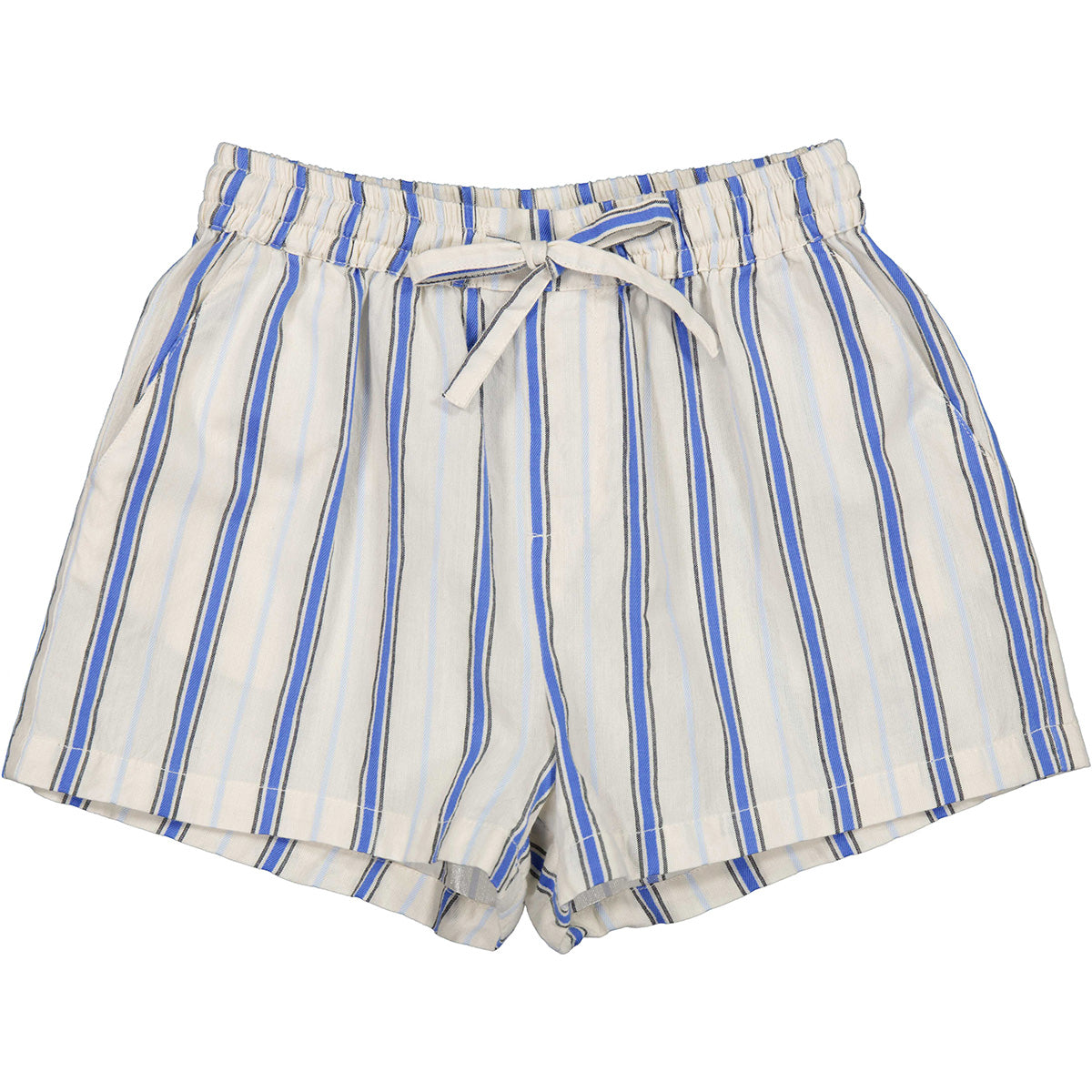 Pina Shorts by MarMar Copenhagen. Striped shorts with blue and cream tones, featuring an elastic waistband and drawstring